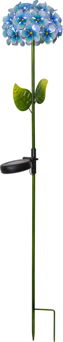 Hortensia Blå solcellelampe Fra Star Trading - Lavet af metal i blå og grønne nuancer, bliver den et dekorativt element i blomsterbede, potter eller lange stier.