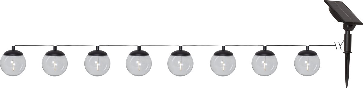 Globe Sort solcellelampe Fra Star Trading - Selve paneldelen er fastgjort med et 170 cm kabel fra den sidste globus, dette gør det nemt at placere panelet i direkte sollys, hvilket er nødvendigt for at oplade det medfølgende batteri.