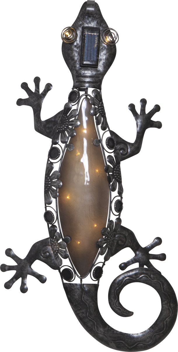 Gecko Sort solcellelampe Fra Star Trading - Den er lavet af sort metal og vil være et iøjnefaldende element på facaden, altanen eller i haven.