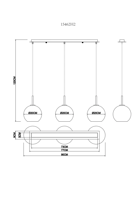 Adara 140cm Guld loftslampe Fra Globo Lighting - De tre glasgloberna h&auml;nger i justerbara rep och kan anpassas i h&ouml;jd upp till 1,2 meter, vilket ger flexibilitet i belysningen.