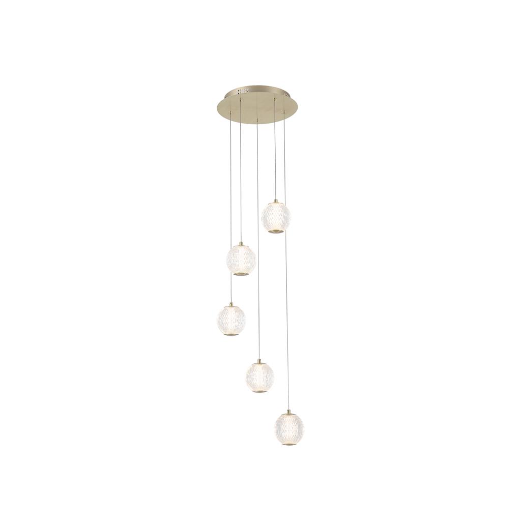 Allure Ø30 Messing loftslampe Fra Searchlight - Med fem glober i tekstureret akryl og satin messing finish er den et sandt blikfang – Selv når den er slukket.