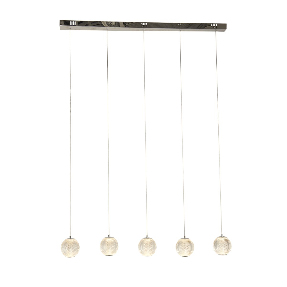 Allure 100cm Krom loftslampe Fra Searchlight - Med fem glober i tekstureret akryl og en forkromet finish er den et sandt blikfang – Selv når den er slukket.