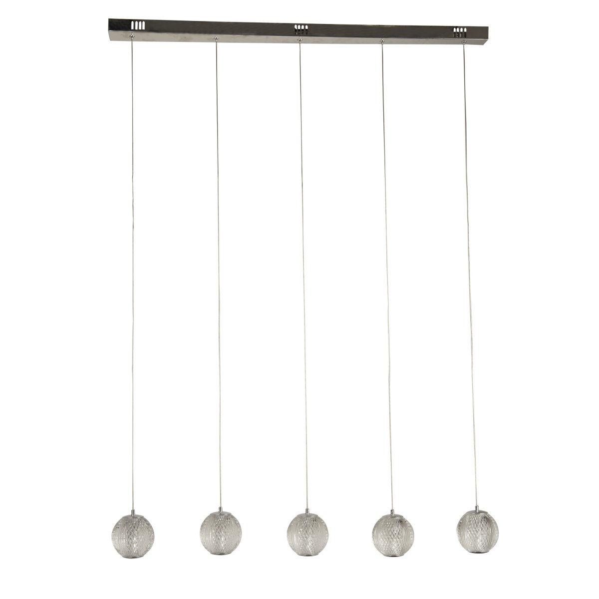 Allure 100cm Krom loftslampe Fra Searchlight - Med fem glober i tekstureret akryl og en forkromet finish er den et sandt blikfang – Selv når den er slukket.