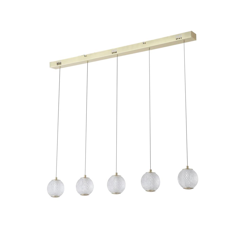 Allure 100cm Messing loftslampe Fra Searchlight - Med fem glober i tekstureret akryl og satin messing finish er den et sandt blikfang – Selv når den er slukket.