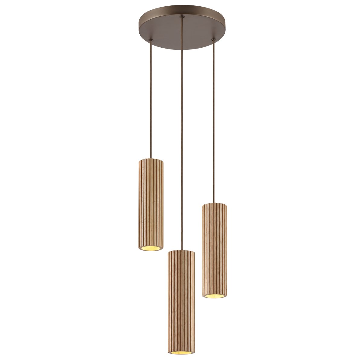 Lakewood Ø28 Træ loftslampe Fra Brilliant - Pendlerne hænger fra en rund baldakin i matchende brunt metal, og højden kan justeres under installationen for at tilpasse sig rummet og det ønskede udtryk.