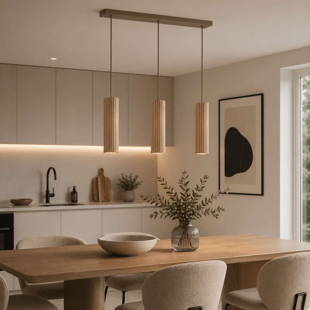 Lakewood 50cm Træ loftslampe Fra Brilliant - De tre pendler er placeret i rækkefølge, og højden kan justeres under installationen for at tilpasse sig rummet og den ønskede placering.