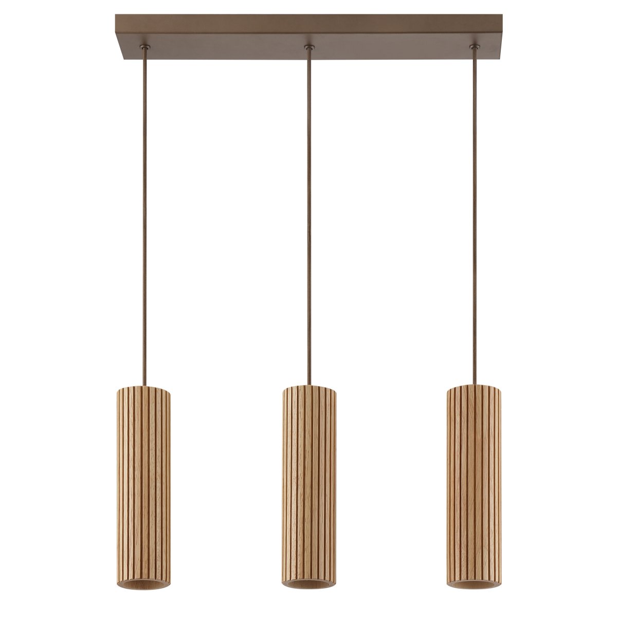 Lakewood 50cm Træ loftslampe Fra Brilliant - De tre pendler er placeret i rækkefølge, og højden kan justeres under installationen for at tilpasse sig rummet og den ønskede placering.