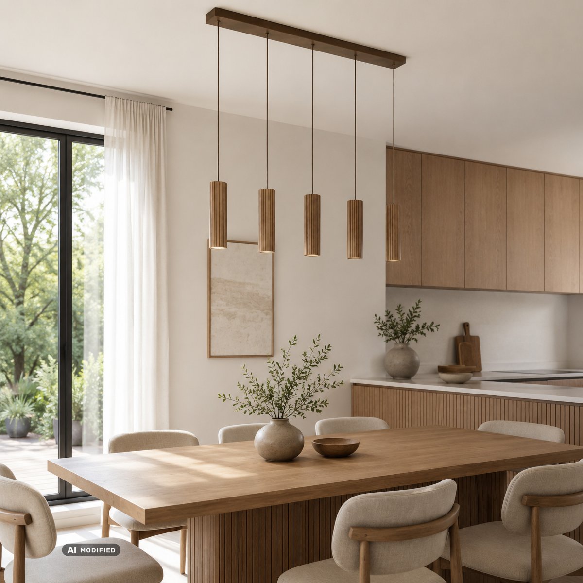 Lakewood 95cm Træ loftslampe Fra Brilliant - De fem pendler er placeret i rækkefølge, og højden kan justeres under installationen for at tilpasse sig rummet og den ønskede placering.
