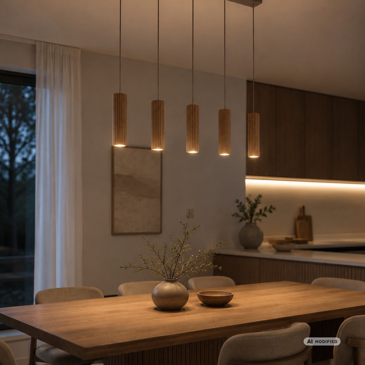 Lakewood 95cm Træ loftslampe Fra Brilliant - De fem pendler er placeret i rækkefølge, og højden kan justeres under installationen for at tilpasse sig rummet og den ønskede placering.