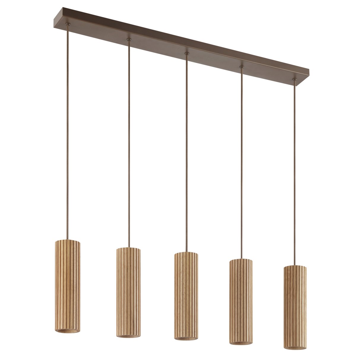Lakewood 95cm Træ loftslampe Fra Brilliant - De fem pendler er placeret i rækkefølge, og højden kan justeres under installationen for at tilpasse sig rummet og den ønskede placering.