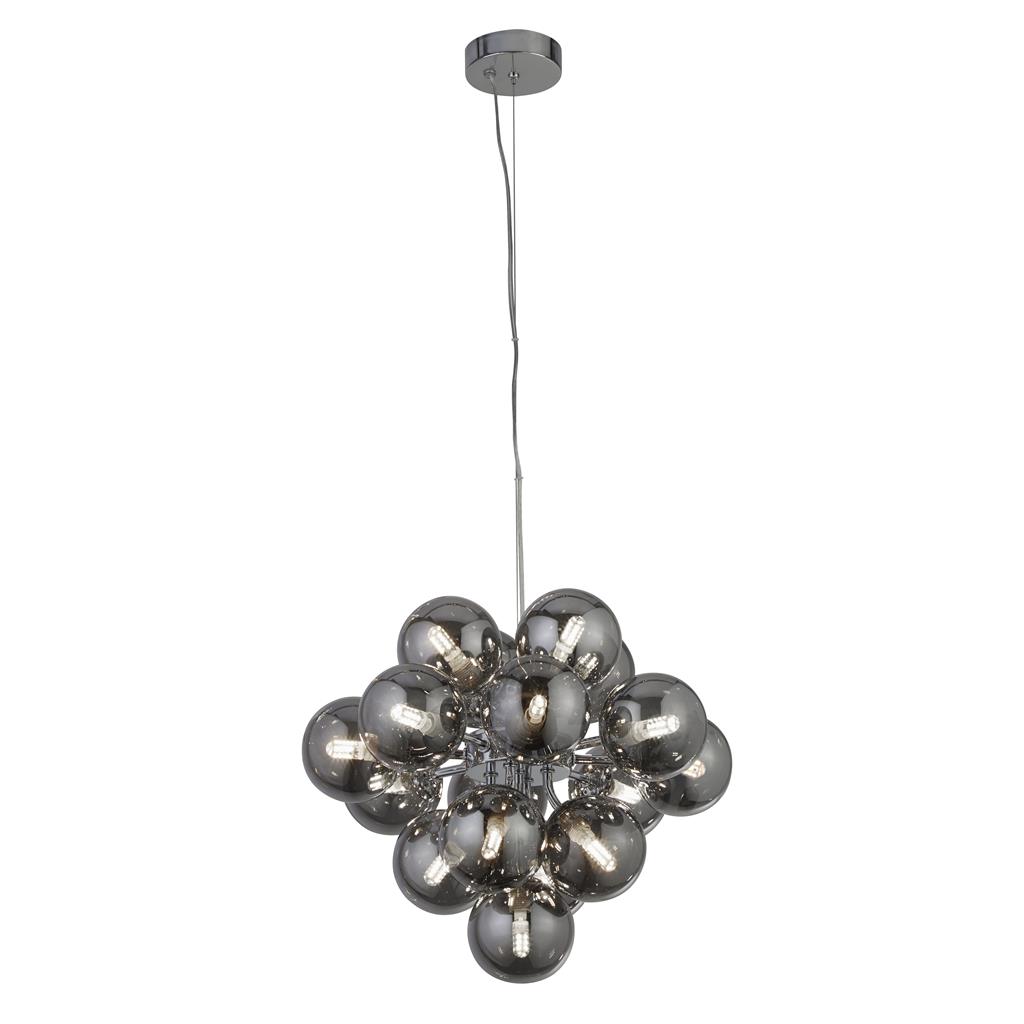 Berry Ø40 Røgfarvet loftslampe Fra Searchlight - Berry er en loftspendel, der virkelig optager plads &ndash; Med i alt 17 lyskilder omgivet af røgfarvede glaskupler i en moderne, minimalistisk stil, er den et garanteret blikfang i ethvert rum.