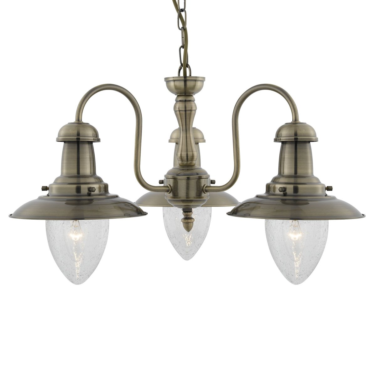 Fisherman Ø52 Antik messing loftslampe Fra Searchlight - Fisherman pendel i antik messing med tre lyskilder har robuste sk&aelig;rme fastgjort til det centrale armatur med elegante, buede arme.