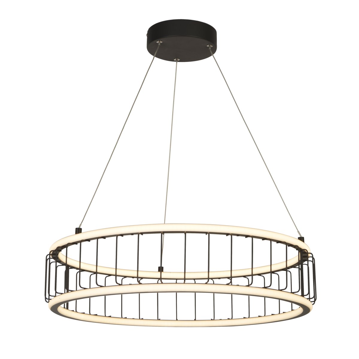 Circolo Ø57 Sand sort loftslampe Fra Searchlight - Med justerbar højde og lavet af sort metal og hvid silikone, denne pendel med en diameter på 58 cm en stilfuld cylindrisk form, der giver både nedadgående og opadgående lys.
