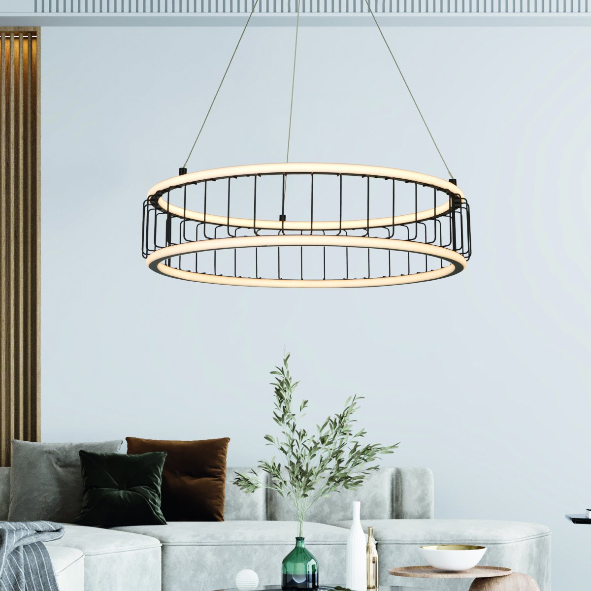 Circolo Ø57 Sand sort loftslampe Fra Searchlight - Med justerbar højde og lavet af sort metal og hvid silikone, denne pendel med en diameter på 58 cm en stilfuld cylindrisk form, der giver både nedadgående og opadgående lys.