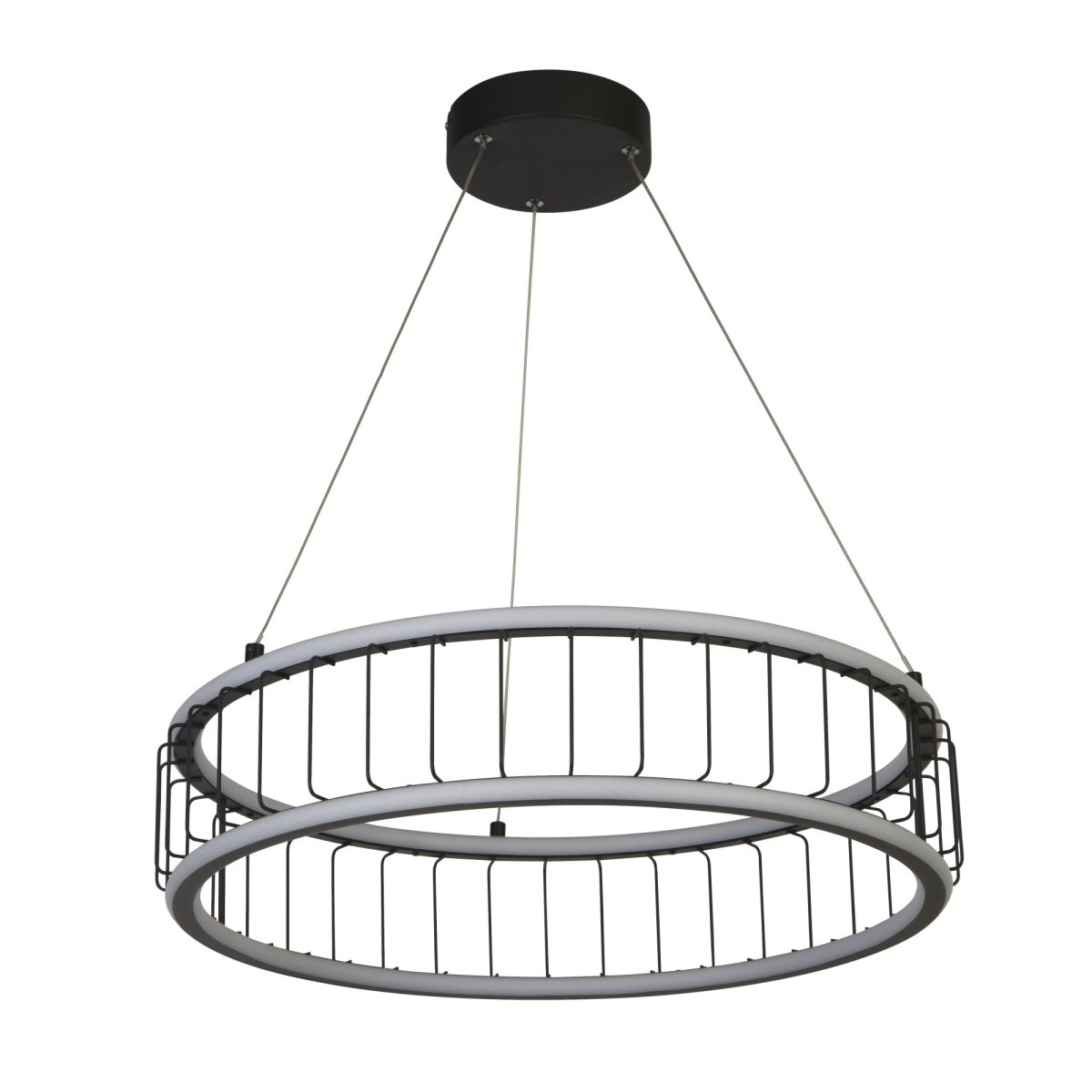 Circolo Ø57 Sand sort loftslampe Fra Searchlight - Med justerbar højde og lavet af sort metal og hvid silikone, denne pendel med en diameter på 58 cm en stilfuld cylindrisk form, der giver både nedadgående og opadgående lys.
