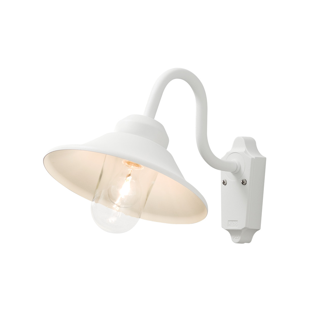 Vega Hvid udendørslampe Fra Konstsmide - Med sin klassiske form og store skygge skaber den et behageligt og rettet lys, perfekt til entre og terrasser.