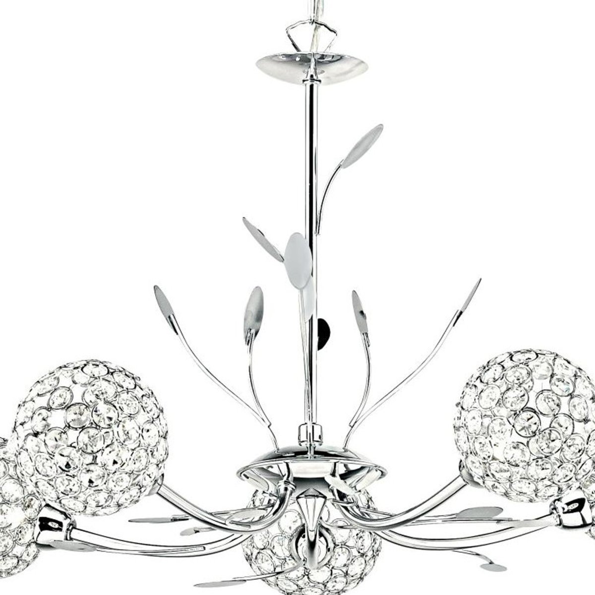 Bellis Ø58 Chrom loftslampe Fra Searchlight - Den elegante lampe er smukt designet med bladdekorationer og fem blomsterformede kugler i klart glas og krom, som spreder lyset videre; en skinnende måde.