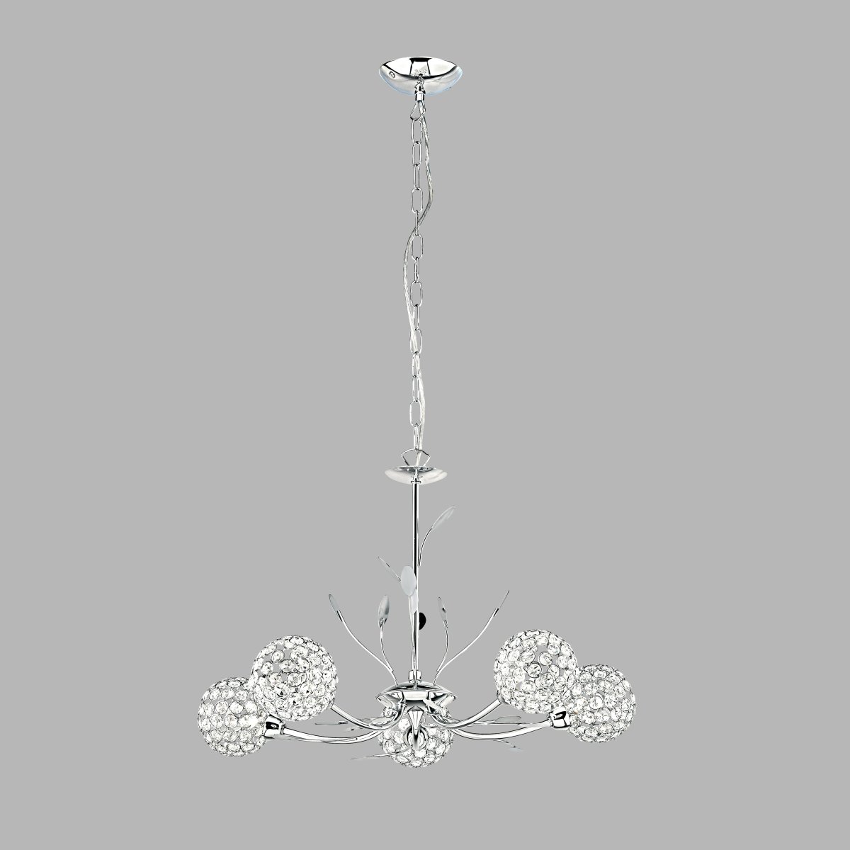 Bellis Ø58 Chrom loftslampe Fra Searchlight - Den elegante lampe er smukt designet med bladdekorationer og fem blomsterformede kugler i klart glas og krom, som spreder lyset videre; en skinnende måde.