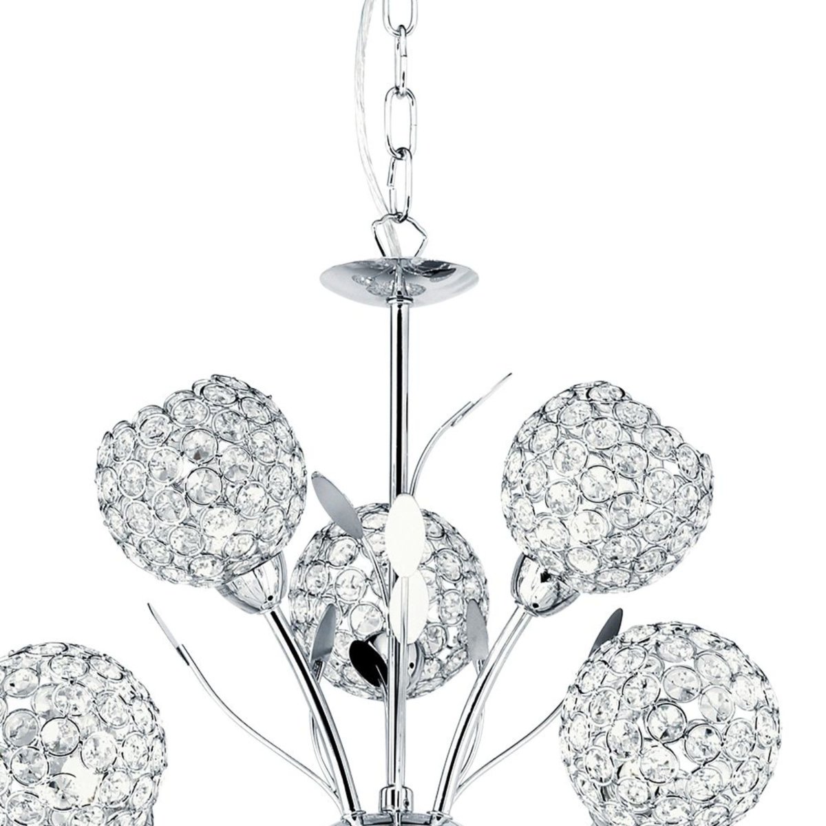 Bellis Ø68 Chrom loftslampe Fra Searchlight - Den smukt designede lampe har bladdekorationer og ni blomsterformede kugler i krom og klart glas, som spreder lyset videre; en elegant m&aring;de.