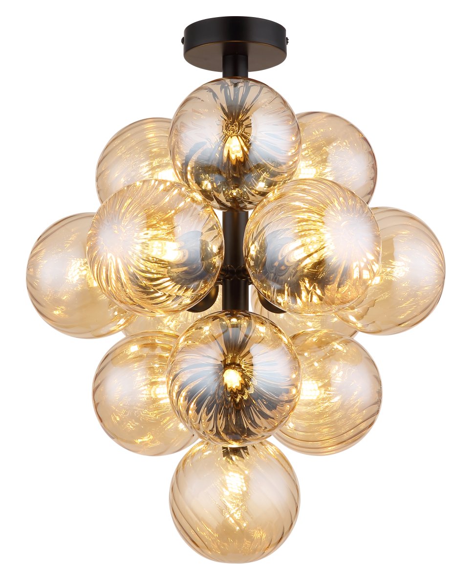 Conor Ø40 Rav plafond Fra Globo Lighting - Den har 13st dekorativa ambertonade glaskupor som alla omfamnar en ljusk&auml;lla vilket skapar en fin och harmonisk ljusspridning i rummet.