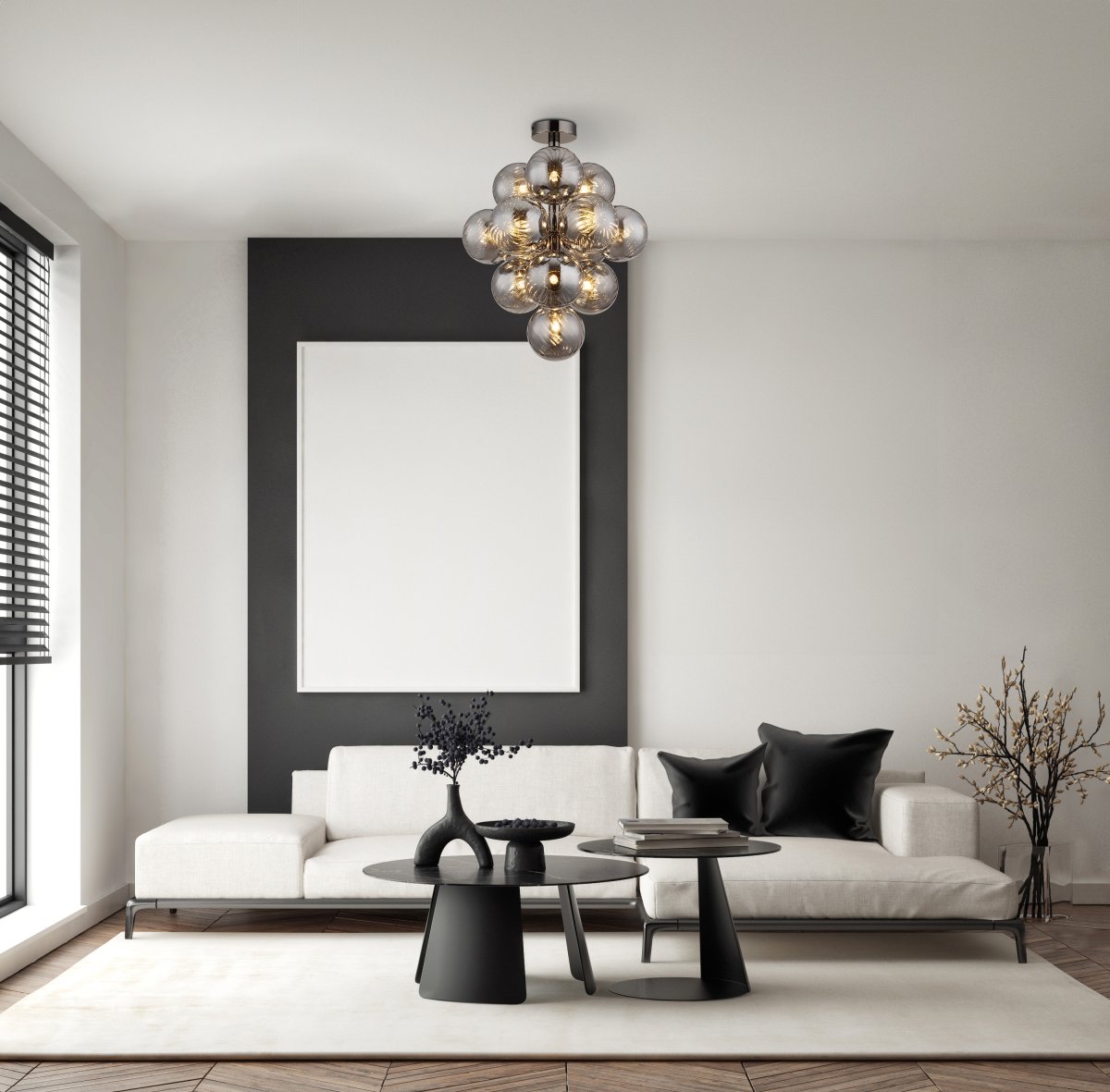 Conor Ø40 Røgfarvet plafond Fra Globo Lighting - Den har 13st dekorativa r&ouml;kf&auml;rgade glaskupor som alla omfamnar en ljusk&auml;lla vilket skapar en fin och harmonisk ljusspridning i rummet.