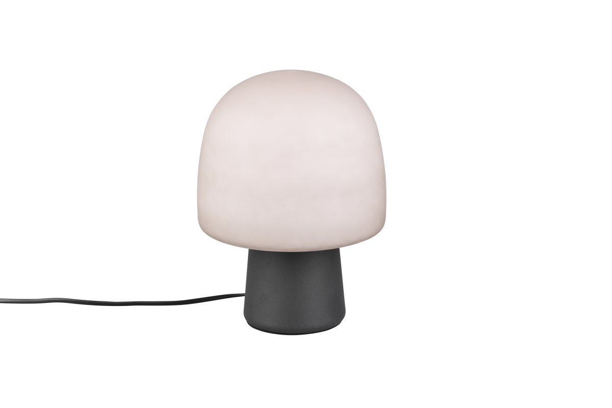 Steen 27cm Sort bordlampe Fra Trio Lighting - Med sin svampeformede silhuet og kombinationen af en matsort bund og taupefarvet glasskærm bliver den et stilfuldt blikfang i ethvert rum.