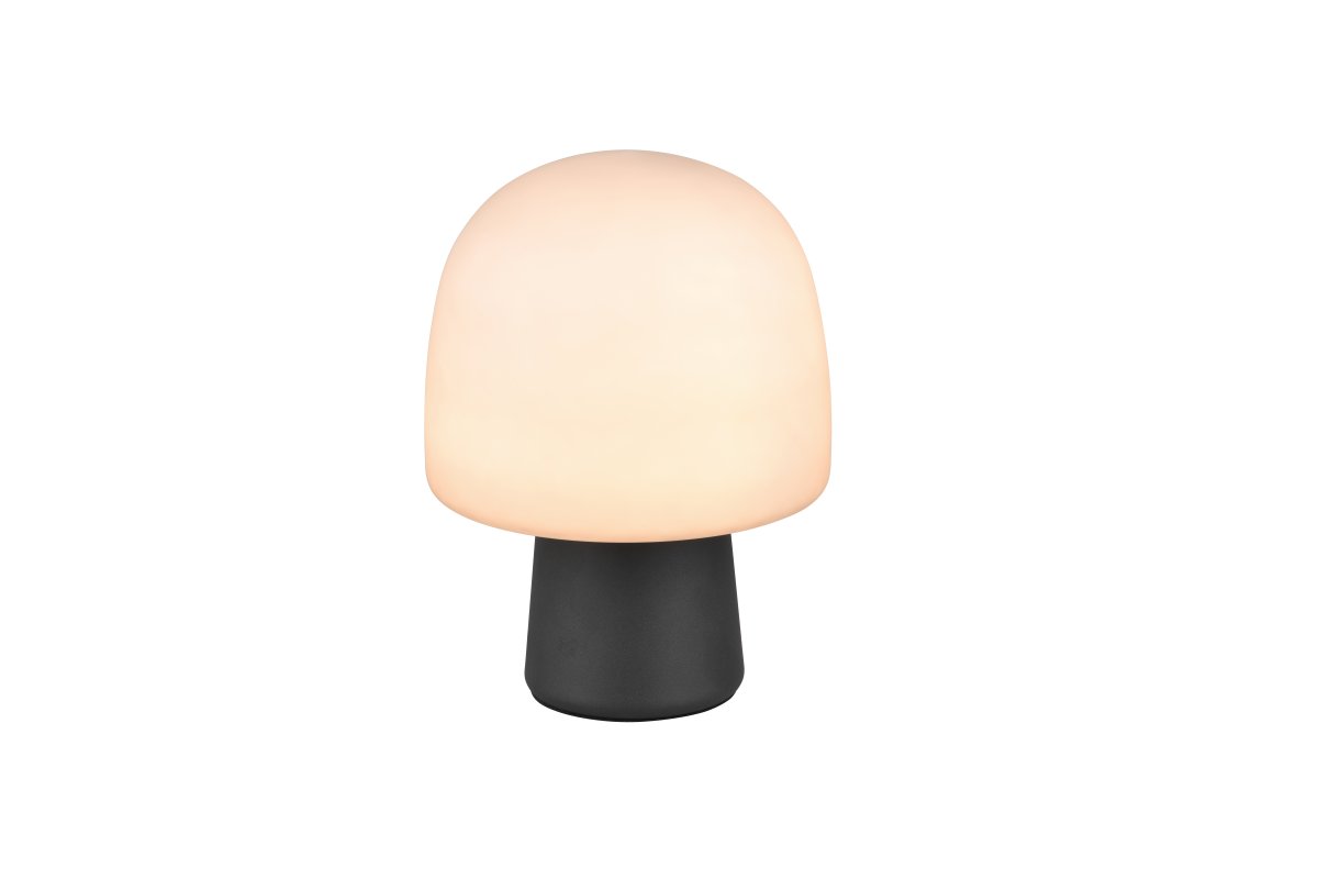 Steen 27cm Sort bordlampe Fra Trio Lighting - Med sin svampeformede silhuet og kombinationen af en matsort bund og taupefarvet glasskærm bliver den et stilfuldt blikfang i ethvert rum.