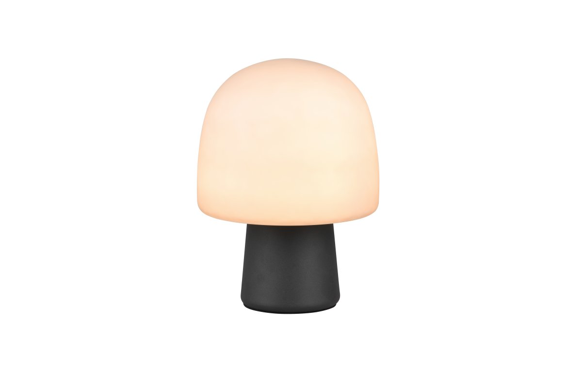 Steen 27cm Sort bordlampe Fra Trio Lighting - Med sin svampeformede silhuet og kombinationen af en matsort bund og taupefarvet glasskærm bliver den et stilfuldt blikfang i ethvert rum.