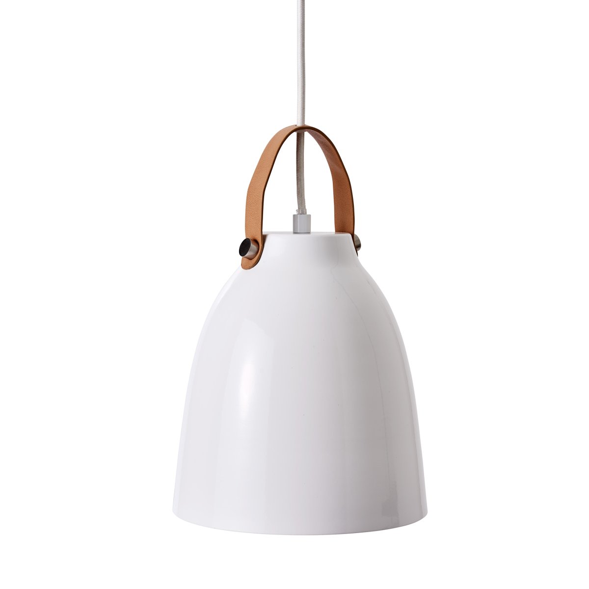 Copenhagen Ø19 Højglans hvid loftslampe Fra Dyberg Larsen - Copenhagen lampen fås i tv&aring; modeller: sort med sort læderrem og hvid med brun læderrem, samt i to forskellige størrelser.