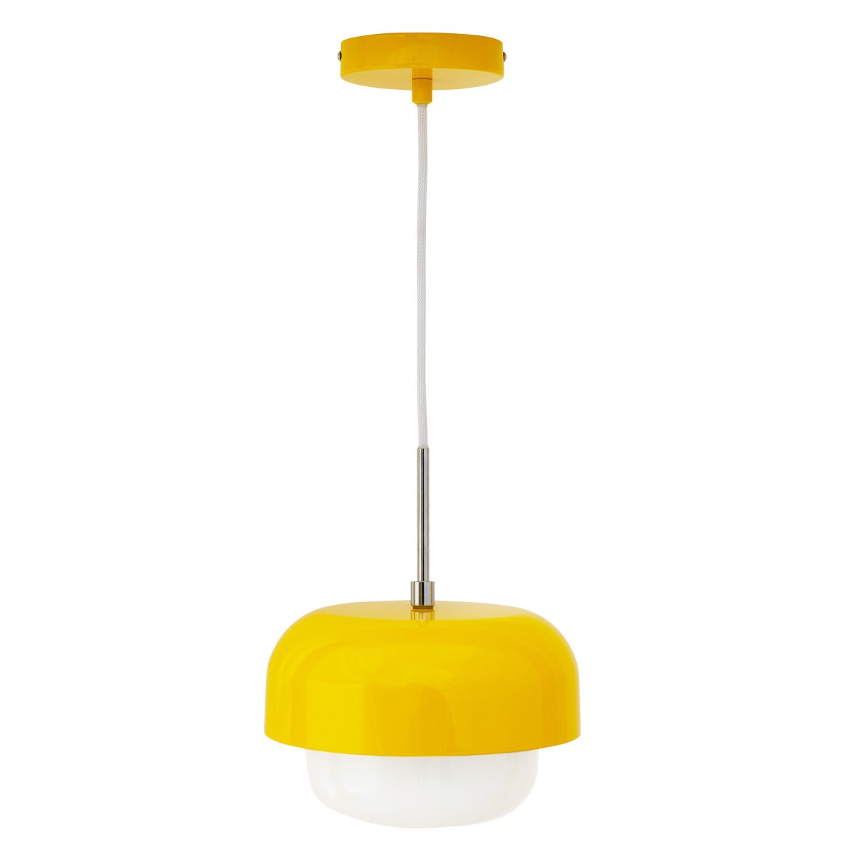 Haipot Ø23 Gul loftslampe Fra Dyberg Larsen - Haipot-lampen har en elegant lampeskærm i opalglas og en knaldgul metalskærm.