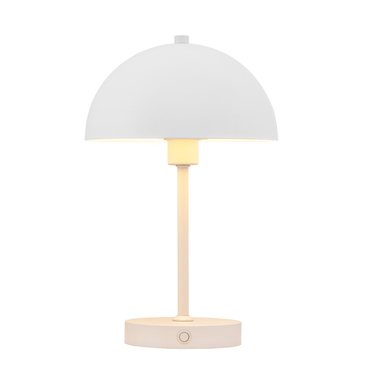 Stockholm 30cm Hvid bærbar Fra Dyberg Larsen - Stockholm LED bordlampe i hvid er en genopladelig lampe med tre lysstyrkeniveauer (100%, 50% og 25%), ideel til b&aring;de indend&oslash;rs og lejlighedsvis udend&oslash;rs brug.
