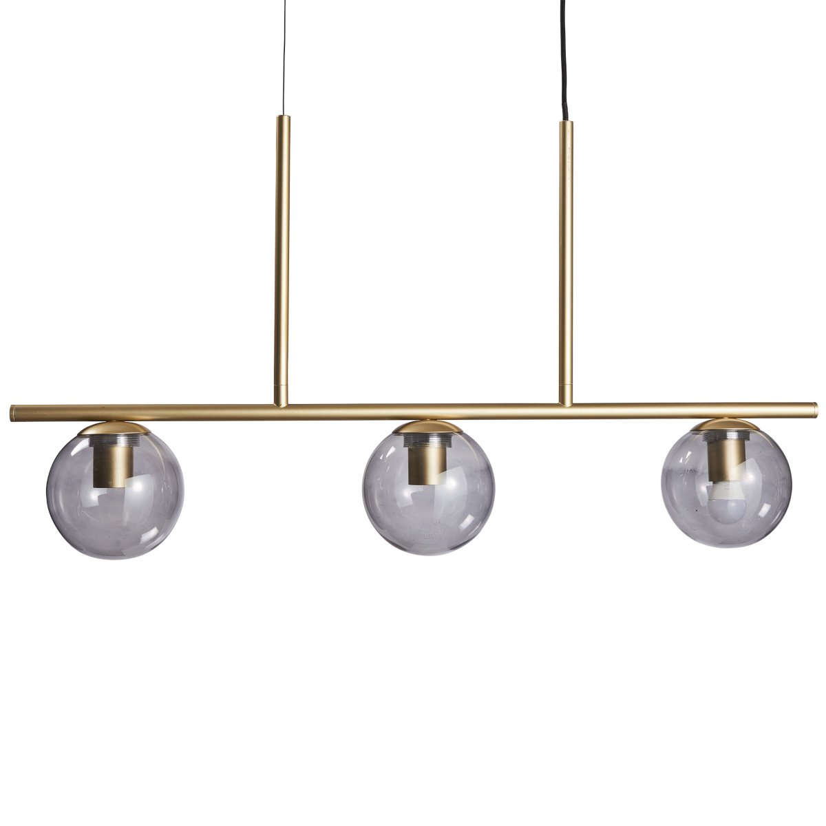 Sophia 90cm Messing loftslampe Fra Dyberg Larsen - Sophia pendel i messing med tre r&oslash;dtonede glaskopper er en elegant loftslampe til spisebordet eller k&oslash;kkenet, n&aring;r der &oslash;nskes et sofistikeret touch.
