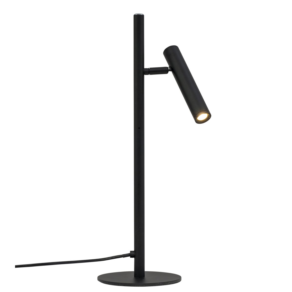Carlo 48cm Sort skrivebordslampe Fra Dyberg Larsen - Den har en indbygget LED og en trinløs lysdæmper, der styres med en touch-knap.