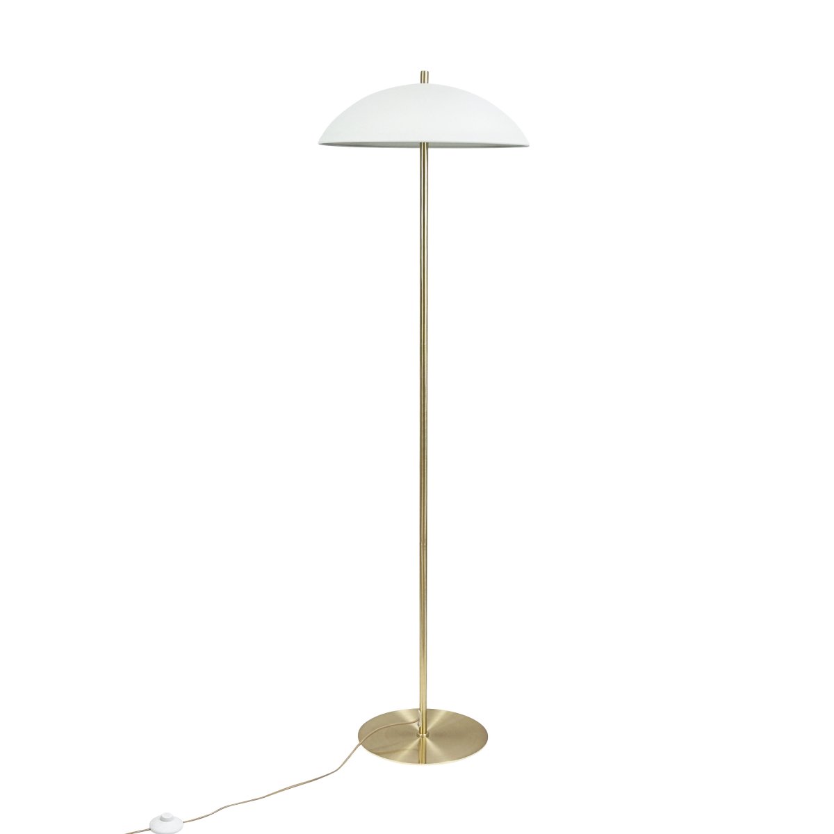 Globus Messing/beige gulvlampe Fra Dyberg Larsen - Lampen er lavet af metal og kombinerer en bl&oslash;d beige tone med detaljer i messingfinish, hvilket giver et harmonisk og moderne udtryk.