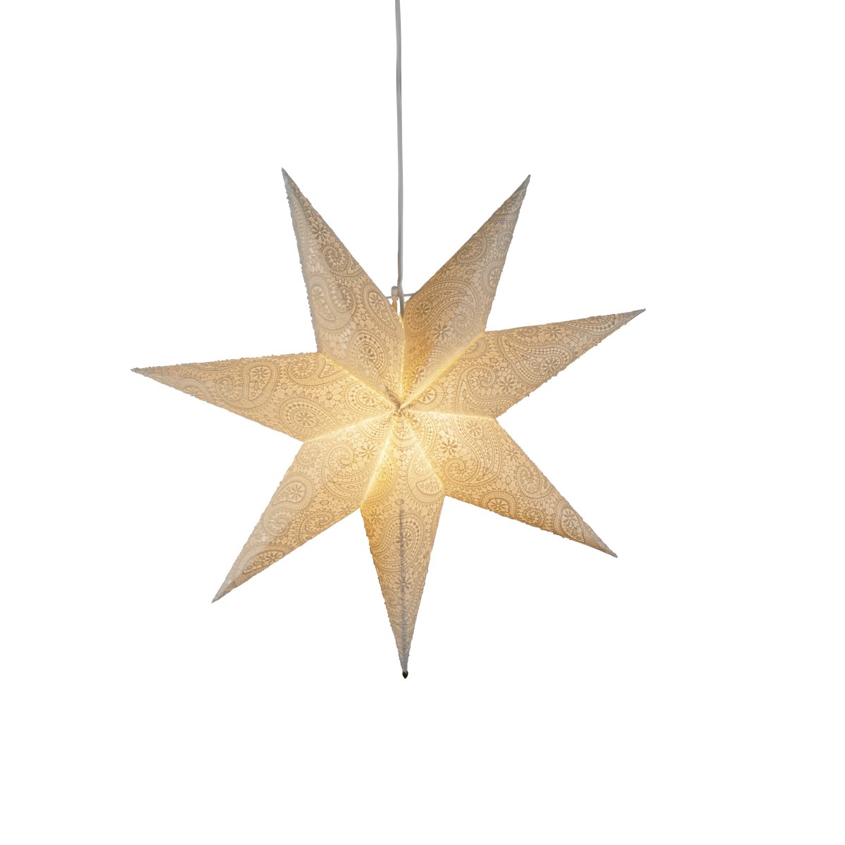 Papirstjerne m. broderi Ø60 Hvid Fra Konstsmide - Med sin diameter p&aring; 60 cm er den perfekt til at h&aelig;nge i et vindue, hvor den vil v&aelig;re et smukt blikfang i advent og jul.