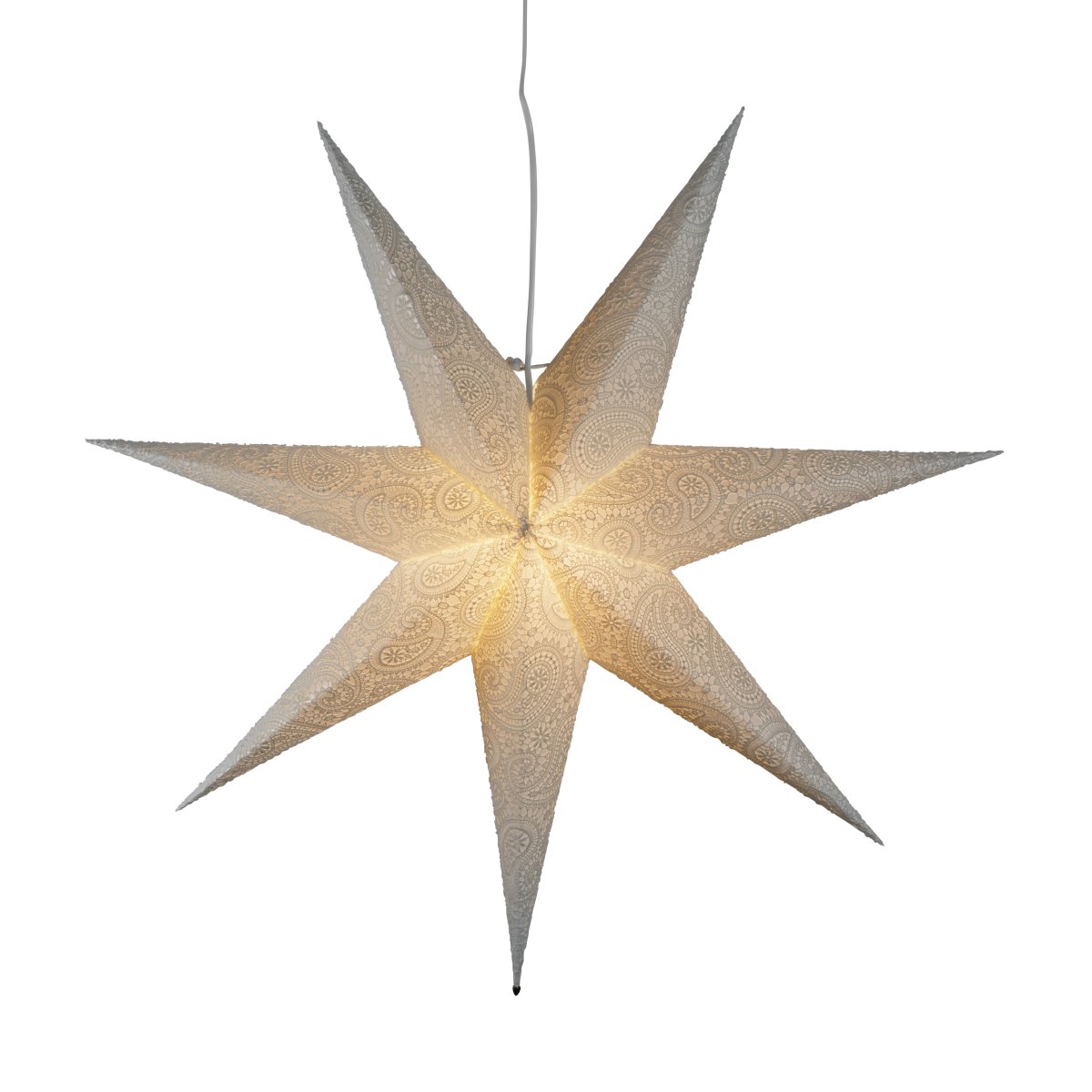 Papirstjerne m. broderi Ø80 Hvid Fra Konstsmide - Med sin diameter p&aring; 80 cm er den perfekt til at h&aelig;nge i et vindue, hvor den vil v&aelig;re et smukt blikfang i advent og jul.