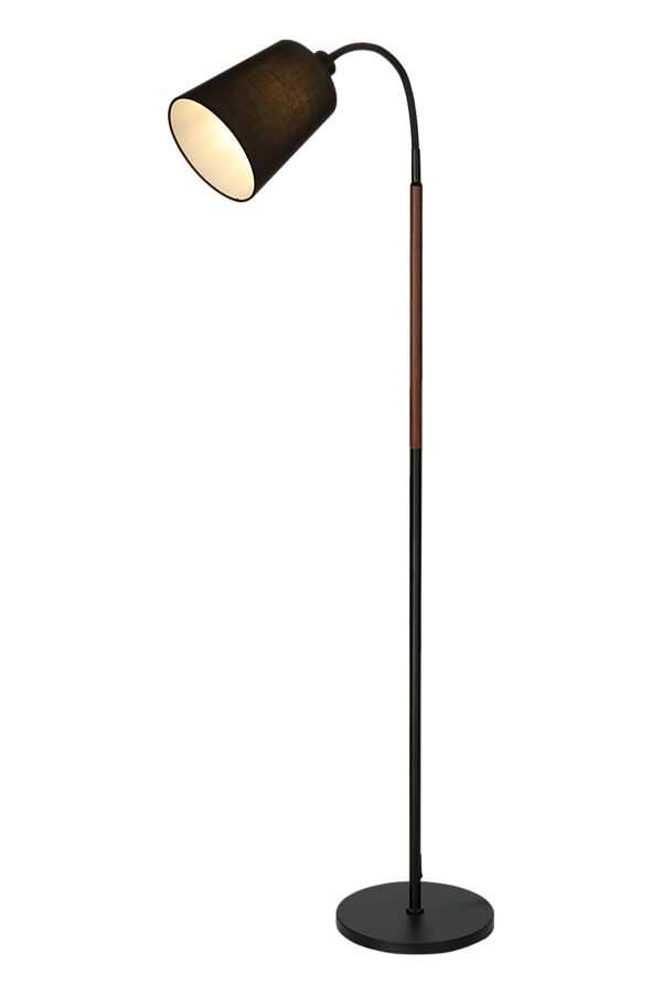 Ljusdal 1 Sort gulvlampe Fra Aneta Lighting - Den sorte metalbase er kombineret med en elegant detalje i valnøddefinish og en sort tekstilskærm, der giver et blødt og behageligt lys.