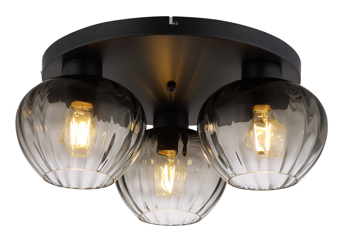 Toy Ø45 Sort plafond Fra Globo Lighting - De r&auml;fflade r&ouml;ktonade glasen skapar en fin och varm ljusspridning i rummet.