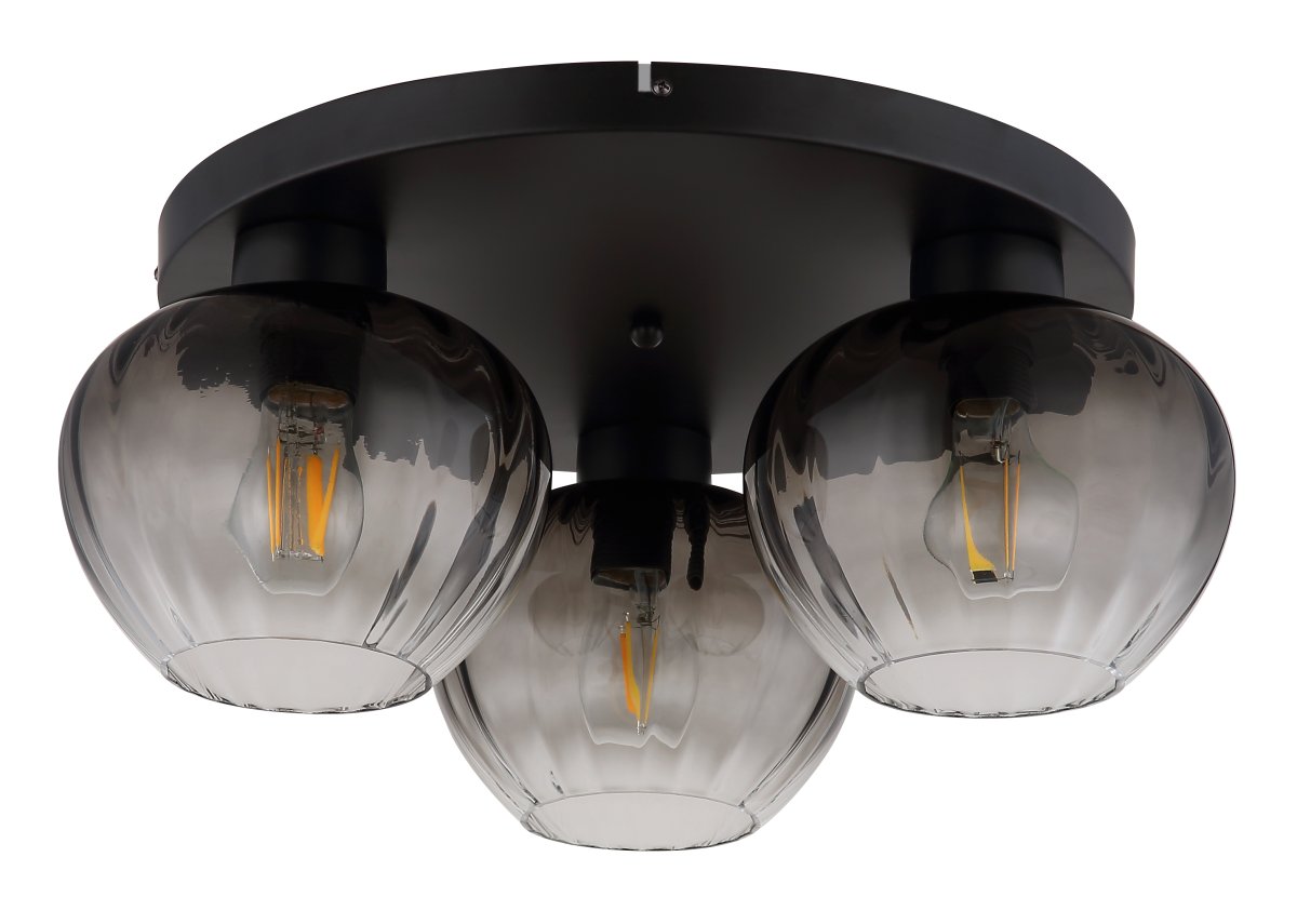 Toy Ø45 Sort plafond Fra Globo Lighting - De r&auml;fflade r&ouml;ktonade glasen skapar en fin och varm ljusspridning i rummet.