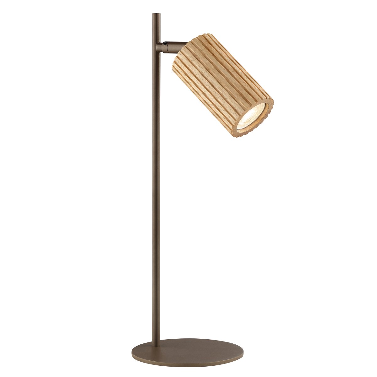 Lakewood 46cm Brun skrivebordslampe Fra Brilliant - Lakewood bordlampe kombinerer brunt metal med lyst, riflet træ og skaber et varmt og naturligt udtryk.