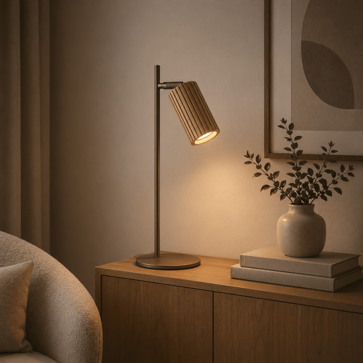 Lakewood 46cm Brun skrivebordslampe Fra Brilliant - Lakewood bordlampe kombinerer brunt metal med lyst, riflet træ og skaber et varmt og naturligt udtryk.