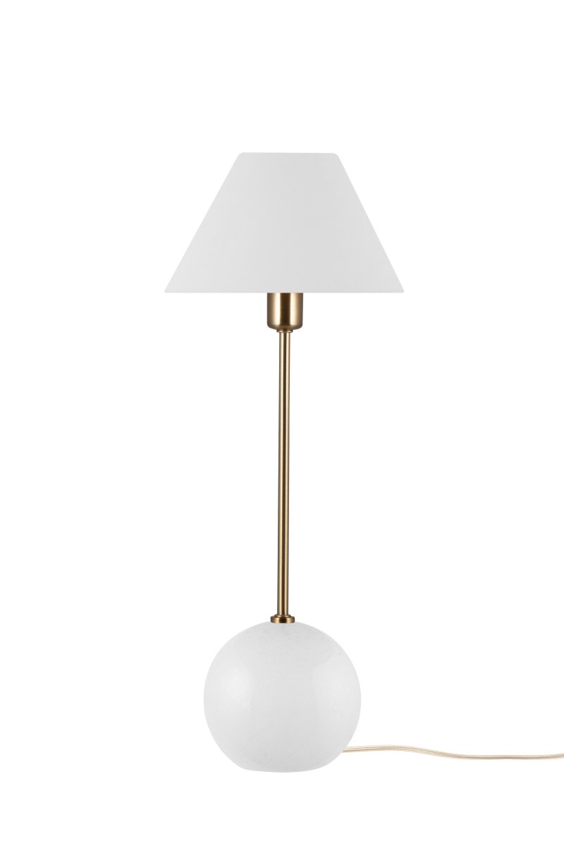 Iris 50cm Hvid bordlampe Fra Globen Lighting - Iris er en smuk bordlampe lavet af farvet glas med bl&aelig;ste luftbobler med en matchende bomuldssk&aelig;rm og en t&oslash;r top, der g&aring;r tone-i-tone med lampefoden.