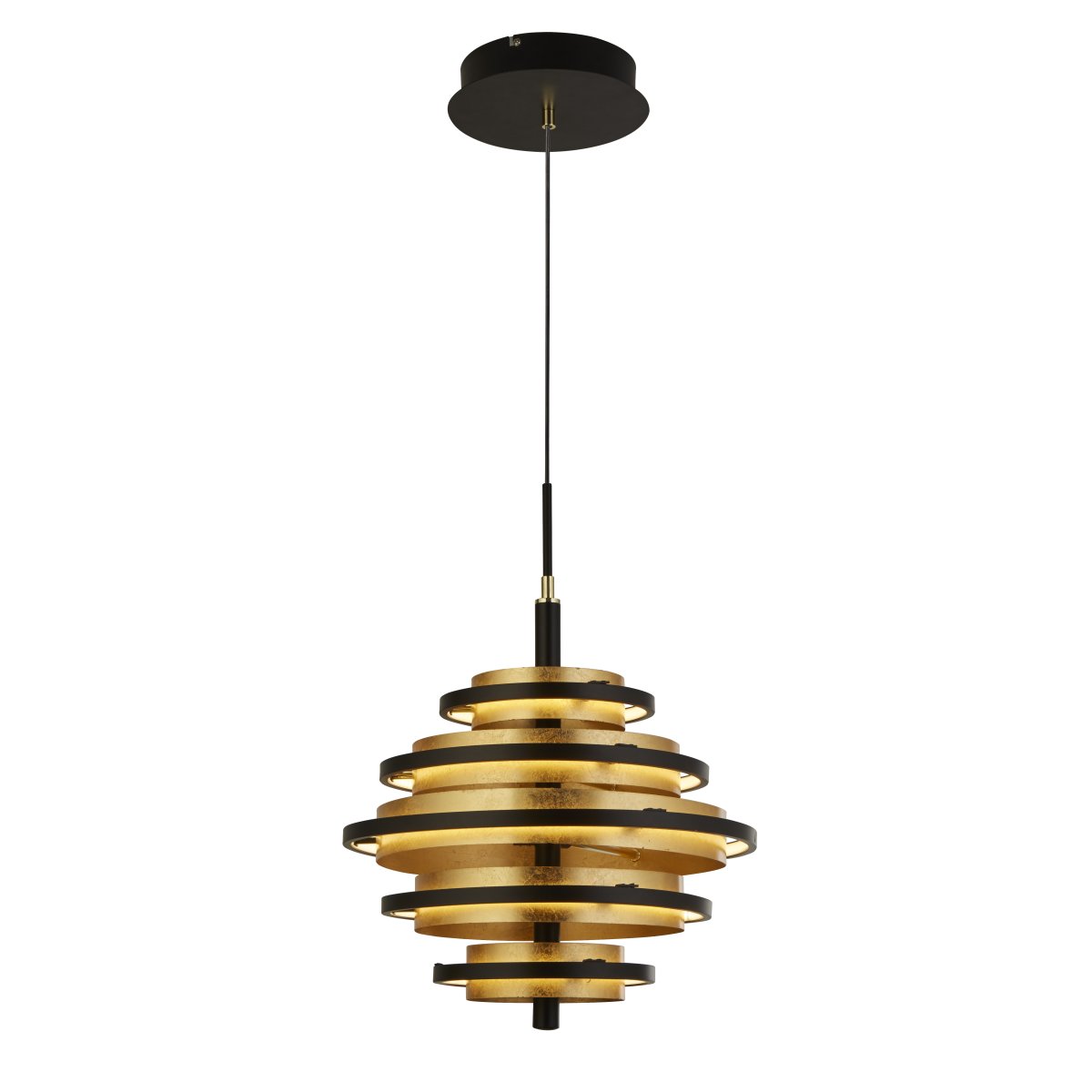 Hive Ø40 Mat sort loftslampe Fra Searchlight - Den smukt detaljerede Hive LED pendel med 5 lyspunkter har tre guldfarvede skiver med sorte kanter på; en matsort metalbund.