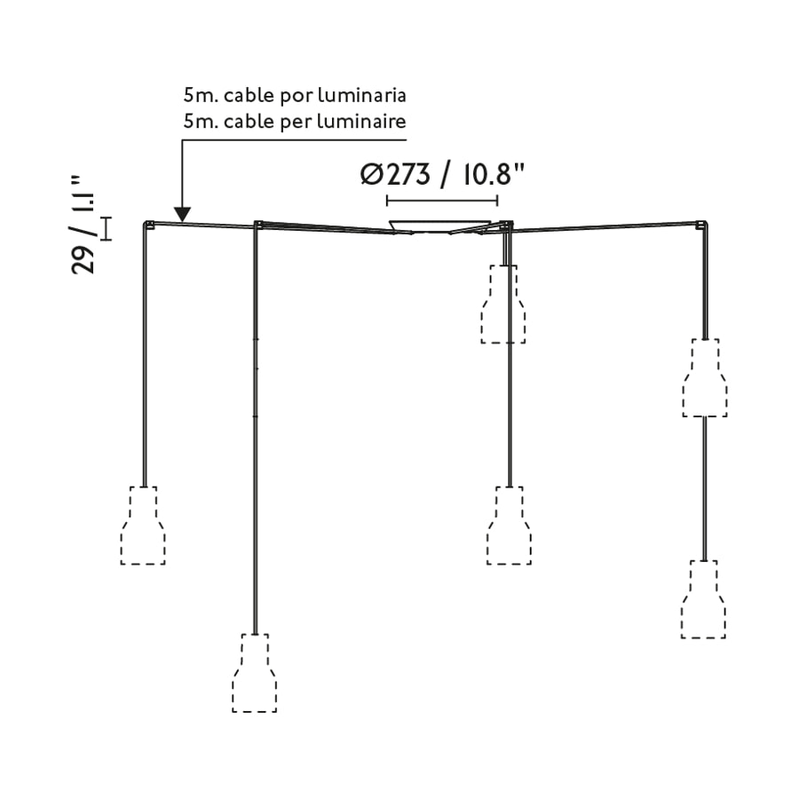 Mambo 5x Ø32 Natur loftslampe Fra Faro Barcelona - Hvert kabel med en l&aelig;ngde p&aring; 5m har en str&aelig;kklemme, som g&oslash;r det muligt at installere armaturet p&aring; avancerede punkter.