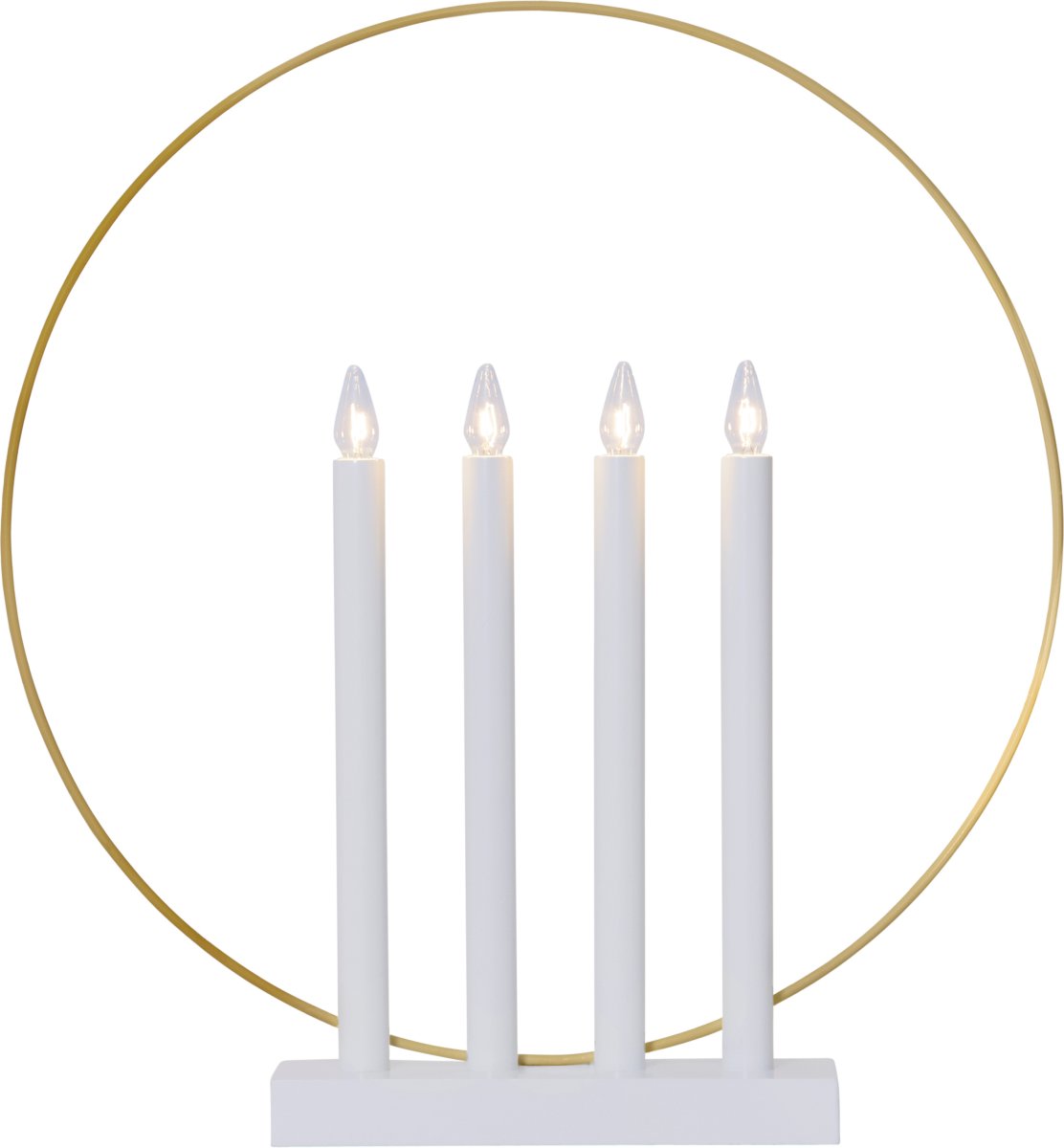 Glory Hvid Fra Star Trading - Hvid tr&aelig; lysestage, 4 metal lysestager og dekoreret med en metalring i messing farve.