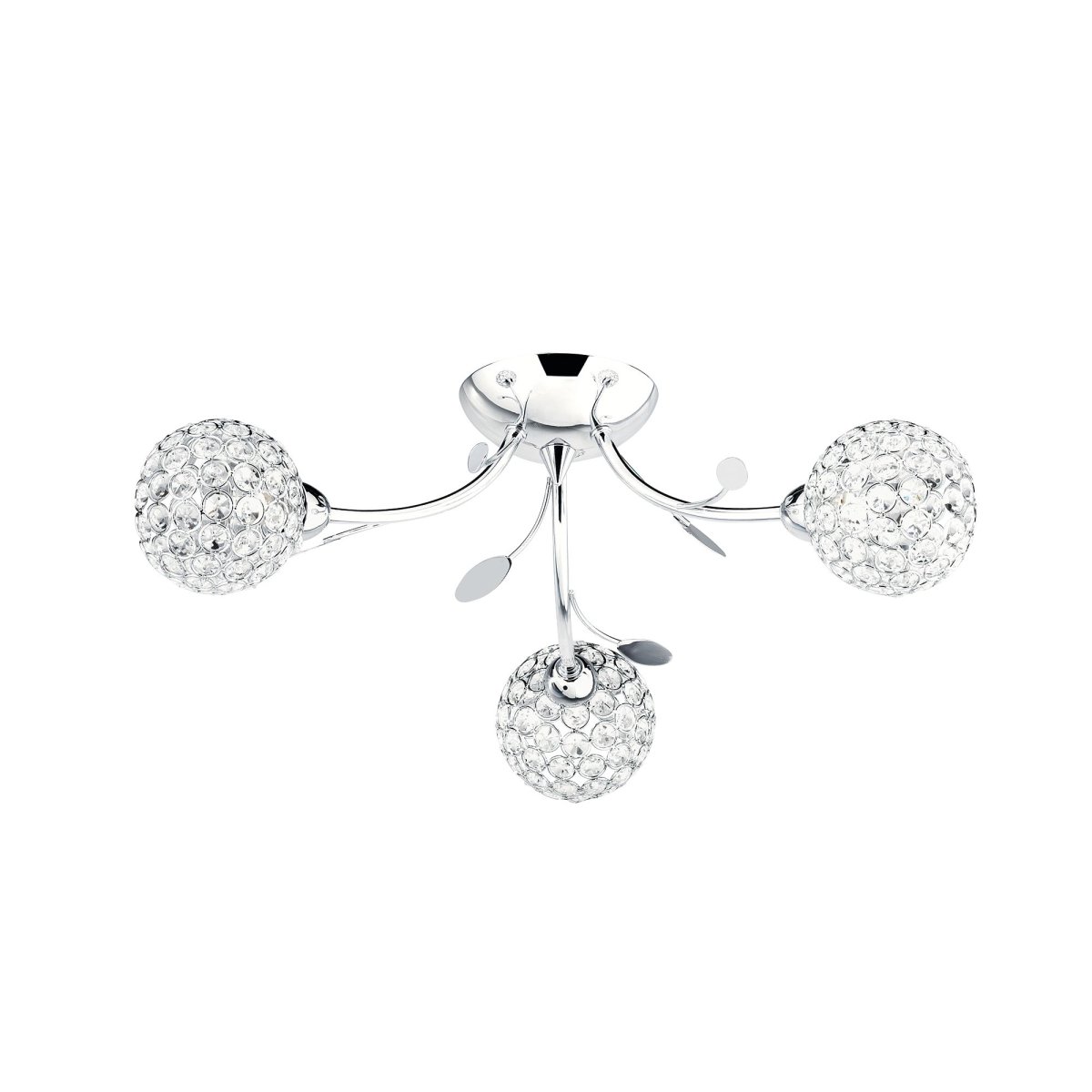Bellis Ø54 Chrom plafond Fra Searchlight - Bellis II loftslampe i krom med tre lyskilder og klare glasskærme samt bladdekoration giver et elegant indtryk i soveværelset, stuen, spisestuen eller køkkenet.