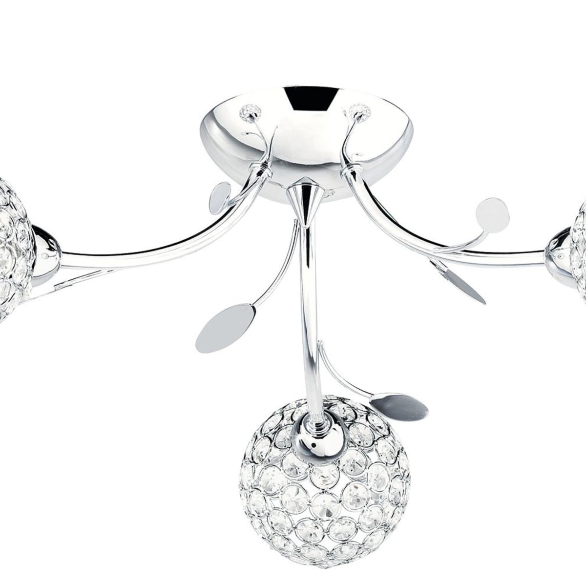 Bellis Ø54 Chrom plafond Fra Searchlight - Bellis II loftslampe i krom med tre lyskilder og klare glasskærme samt bladdekoration giver et elegant indtryk i soveværelset, stuen, spisestuen eller køkkenet.
