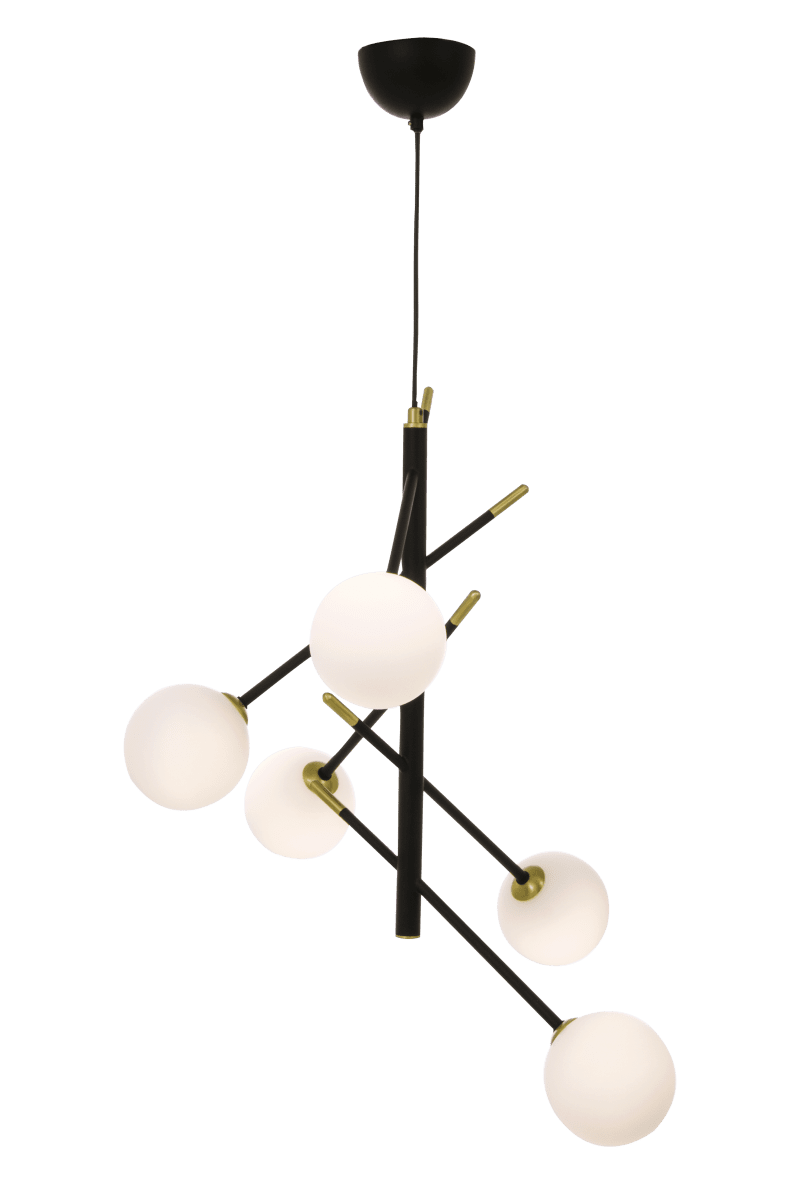 Akrobat 58cm Sort loftslampe Fra Aneta Lighting - Acrobat loftslampe i sortlakeret metal med detaljer i mat messing og 5 opalhvide glaskupler.