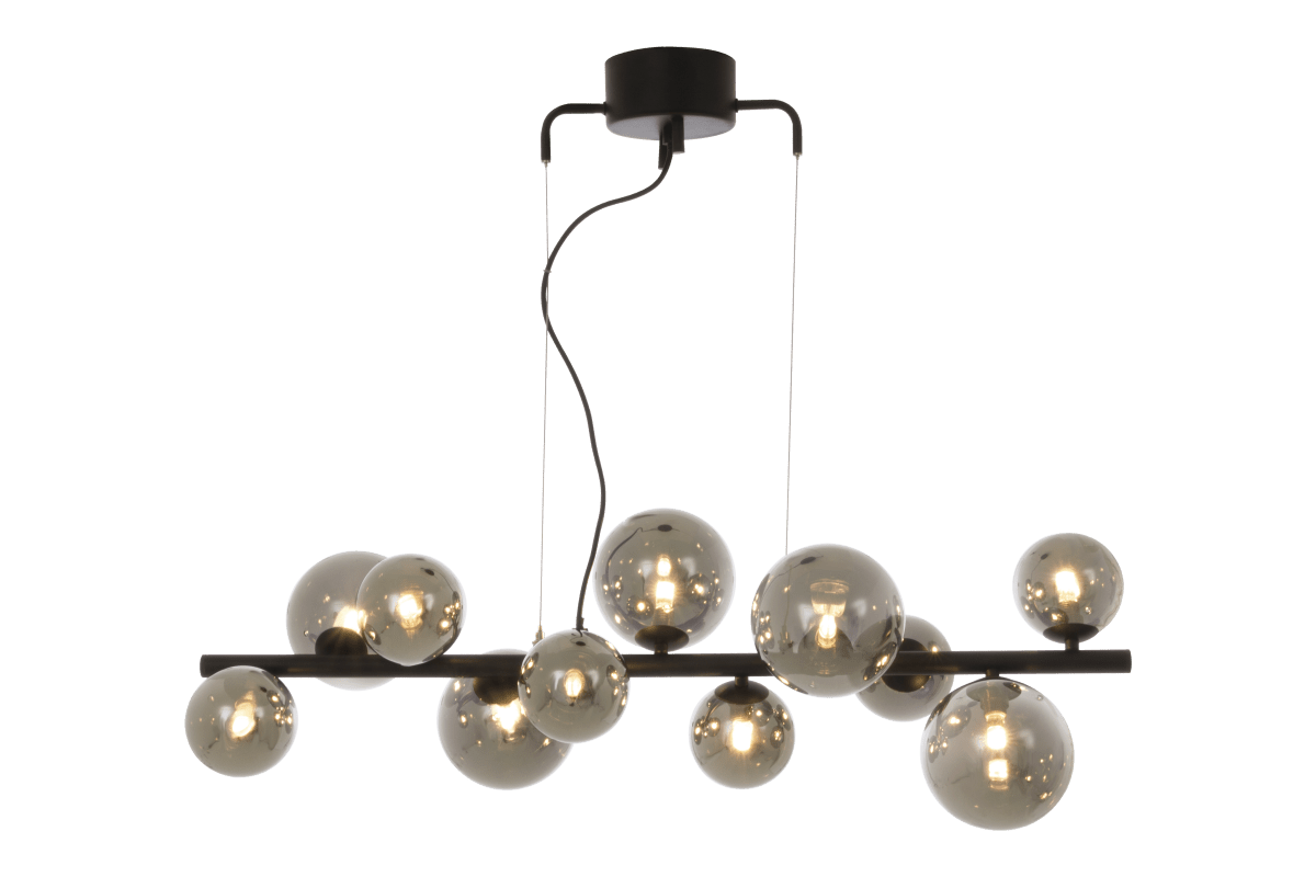 Molekyl 85cm Røg grå loftslampe Fra Aneta Lighting - Molekyl trendy loftslampe i sort metal med 11 røgglas kopper i forskellige størrelser placeret på&aring; en 85 cm lang stang.