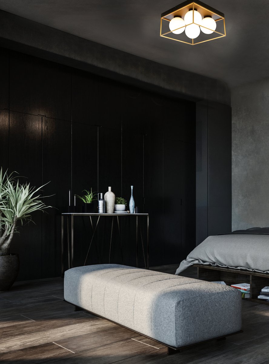 Astro 28cm Sort plafond Fra Aneta Lighting - Astro loftlampe i sortlakeret metal med 4 opalhvide glaskupler indrammet i gulddetaljer p&aring;&aring; en sort tagsten.